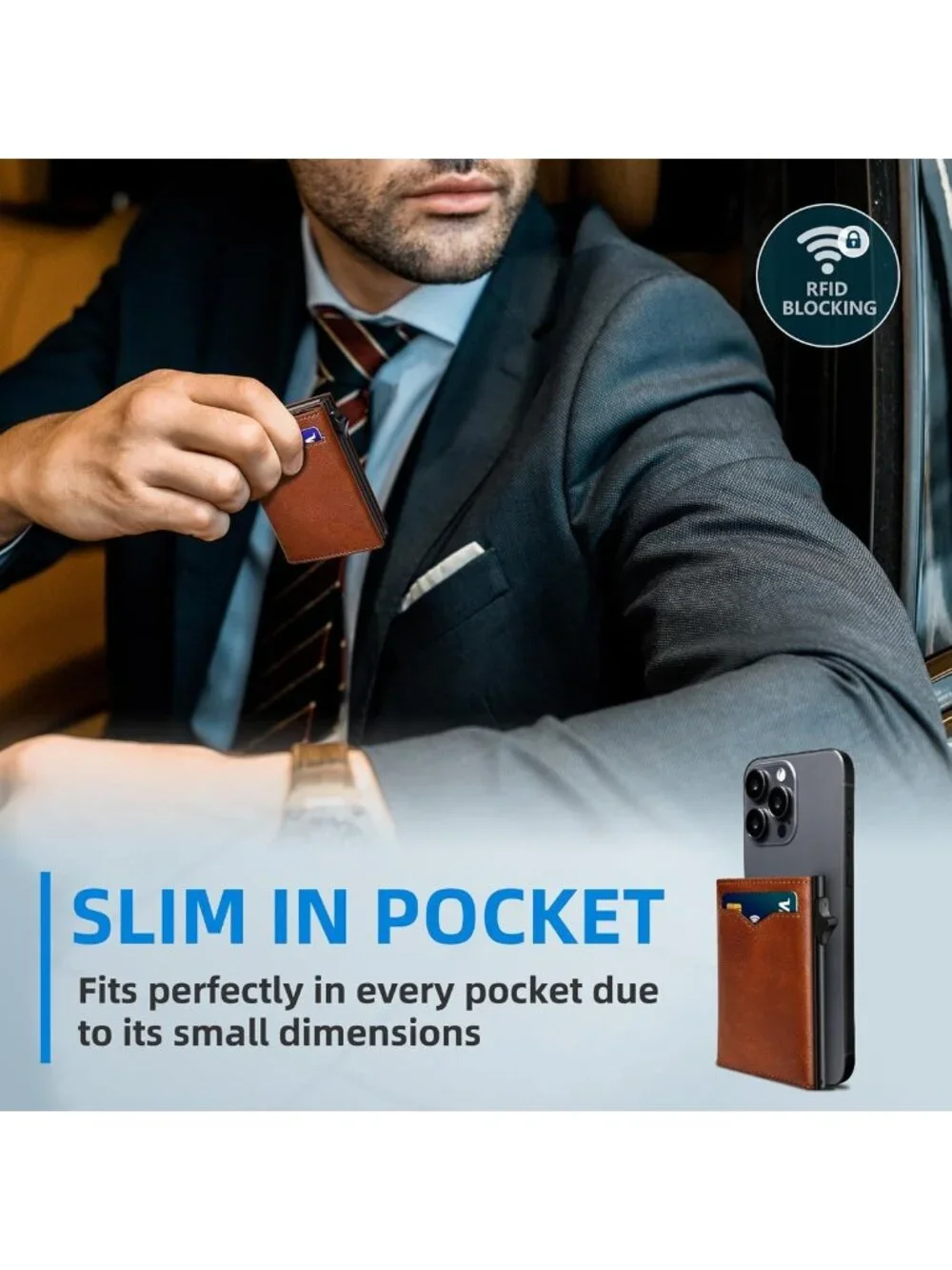 Slim RFID Blocking Wallet for Men | 2 ID Windows, Cash Pocket, Pop-Up Card